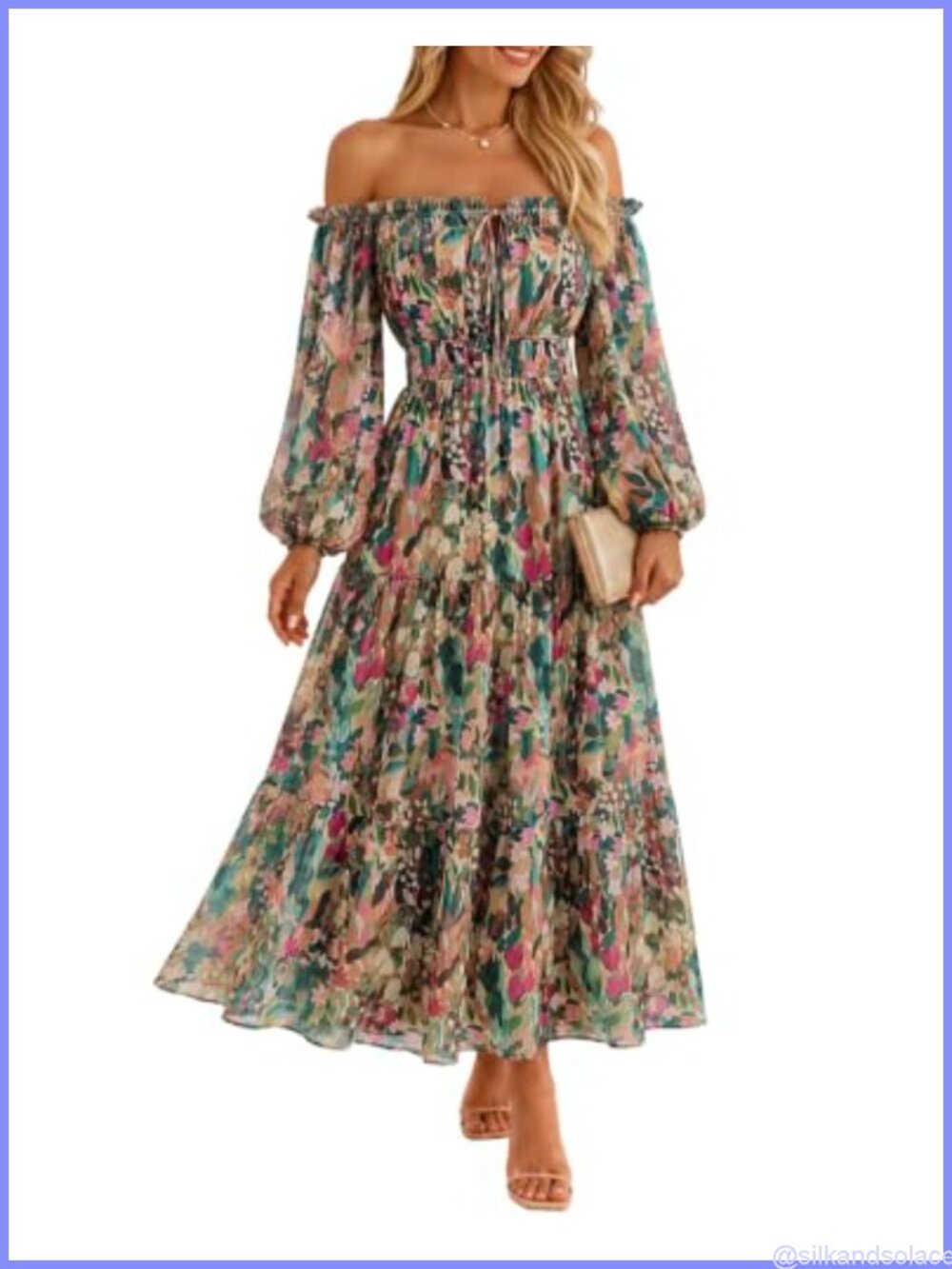 Chiffon Floral Maxi Dress Long Sleeve A-Line Pockets